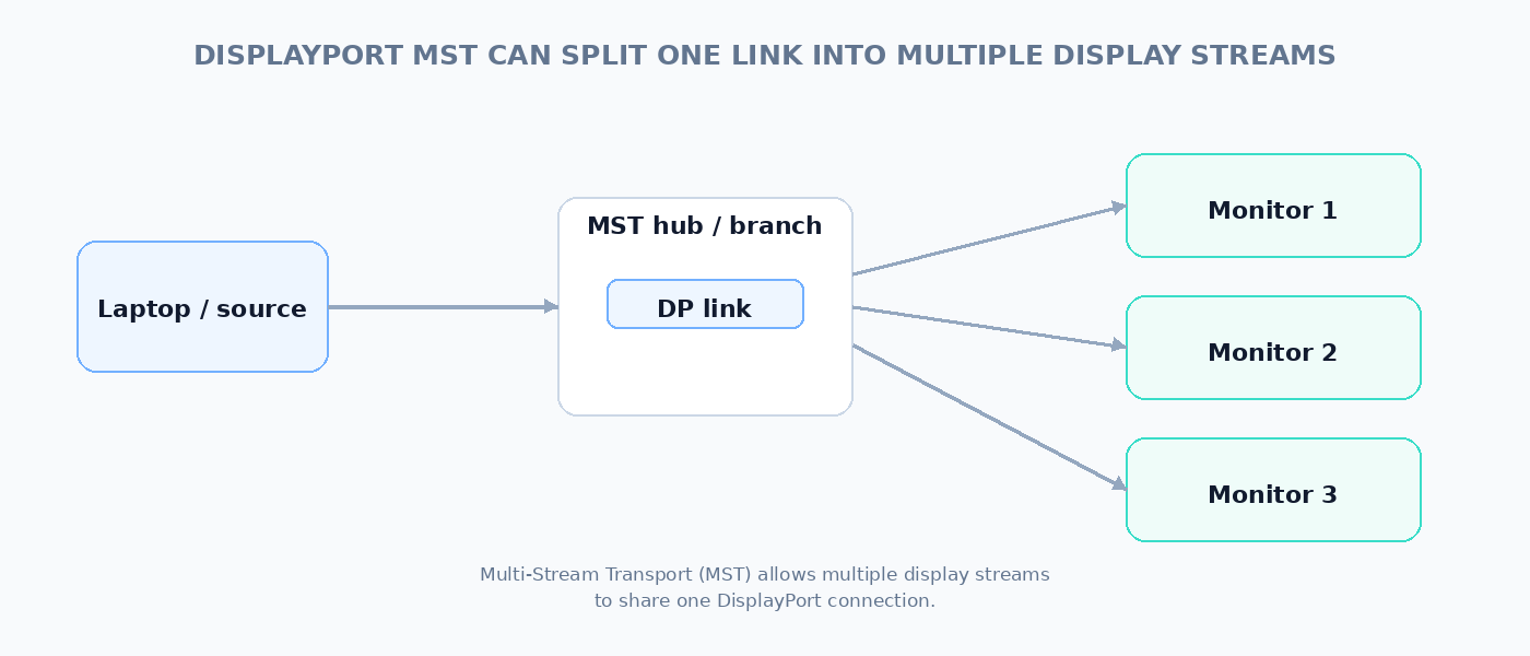 DisplayPort Multi-Stream Transport feeding multiple monitors from one source connection