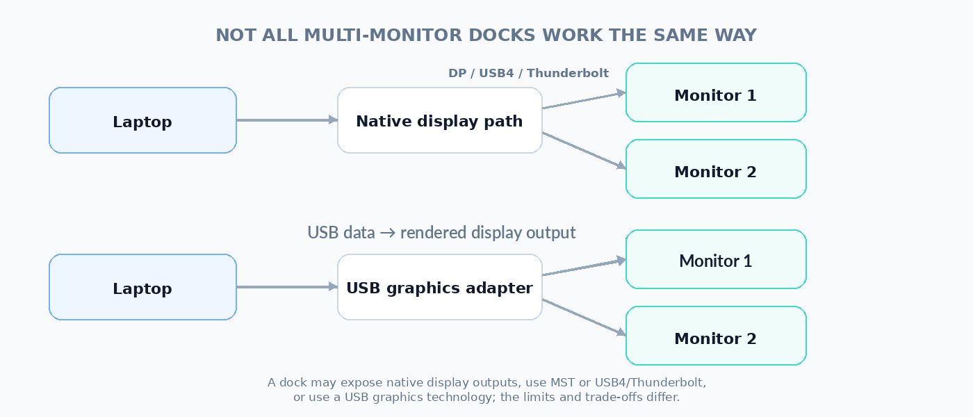 Two broad multi-monitor dock architectures: native display transport and USB graphics